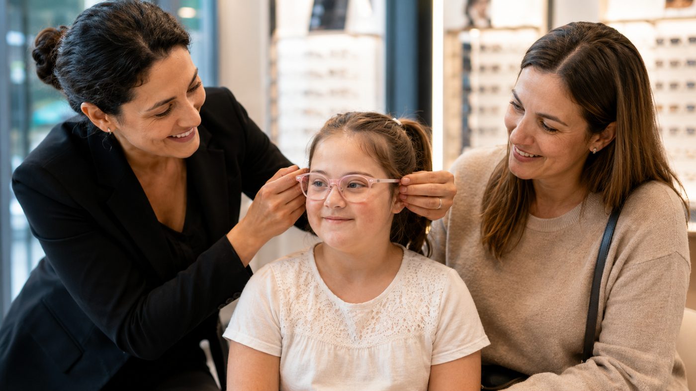 Famille accueillie en magasin d'optique, dont un enfant équipé de lunettes