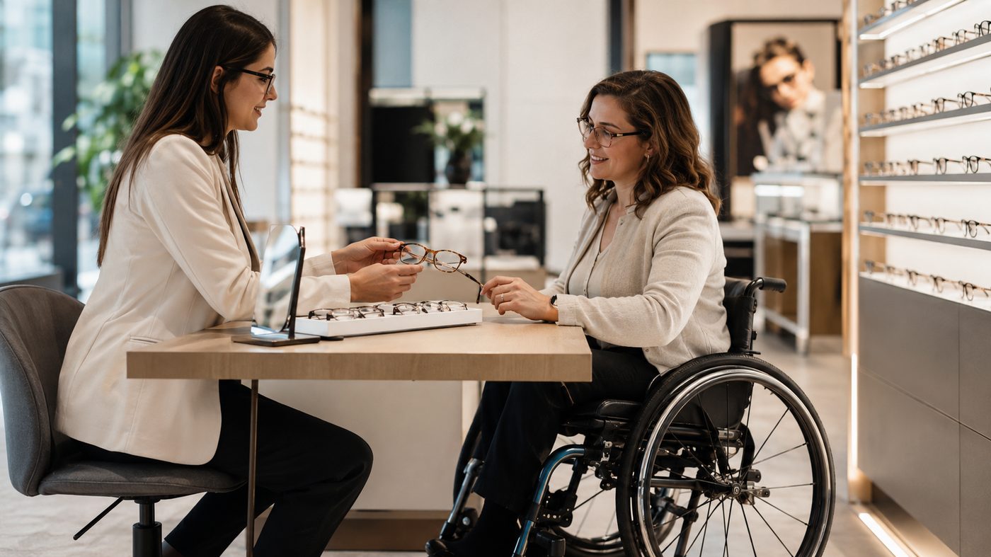 Opticien accueillant une cliente en fauteuil roulant au comptoir